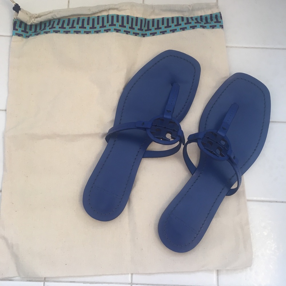 Tory Burch Miller Square toe sandals in blue.